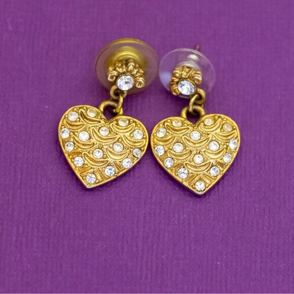 Vintage Love Heart Clear Rhinestones Gold Tone Dangle Earrings - Q42 - Picture 1 of 2